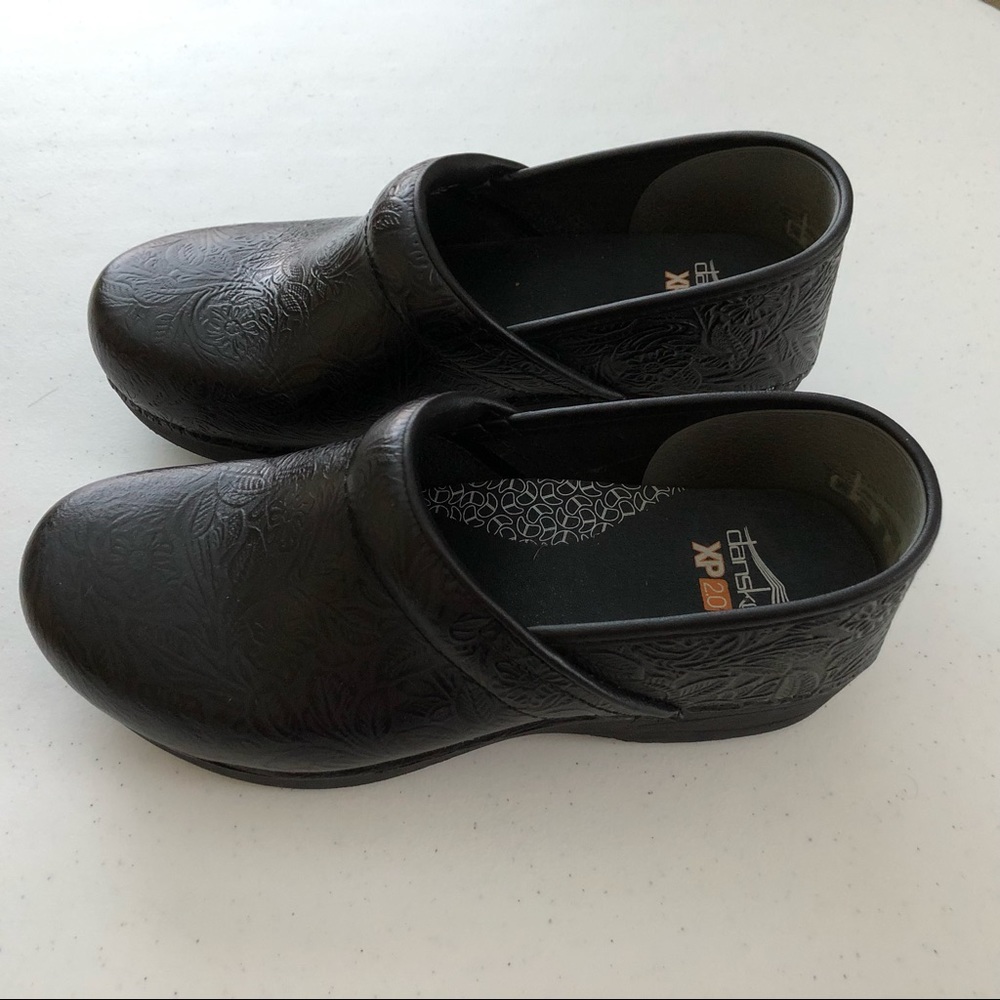 Like new Dansko XP 2.0 Black Floral Tooled Clogs